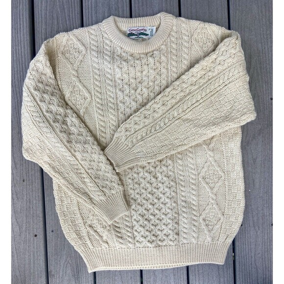 Celtic Country Ireland Sweater Mens XL Wool Chunky Fisherman Knit Aran Ivory - Picture 7 of 14